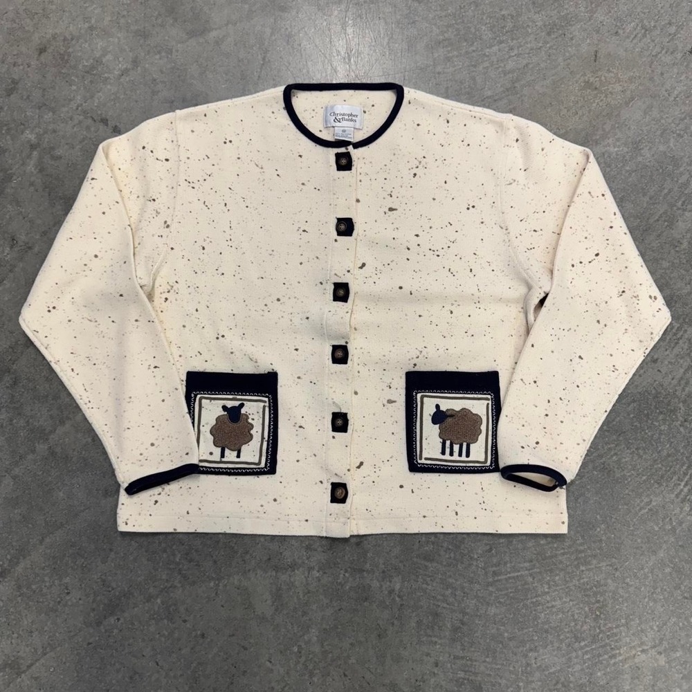 Vintage Sheep Cardigan Sweater Embroidered Cute Girlie Boho Nature Medium